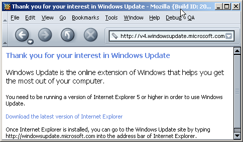 screenshot, showing that you can only use windowsupdate with ie